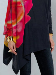 Flower Print Irregular Clipping Long Sleeves High Neck T-Shirts Tops