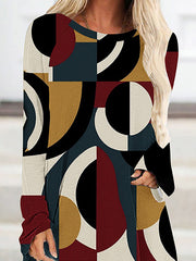 Contrast Color Printed High-Low Long Sleeves Round-Neck T-Shirts Tops