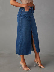 Fringed Pockets Split-Front A-Line High Waisted Skirts Bottoms