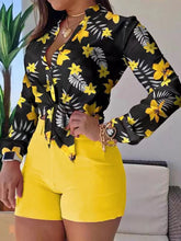 Flower Print Long Sleeves Buttoned Deep V-Neck Shirts Top +Belted Shorts BottomTwo Pieces Set