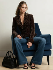 Elasticated Waist Flared Sleeves Buttoned Pleated Ruffled Solid Color Split-Joint Deep V-Neck Blouses&Shirts Tops