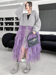 Buttoned Contrast Color Mesh Pleated Ribs Split-Joint High-Low Irregularity Collarless Outerwear Cardigan Tops