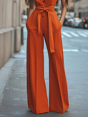 Buttoned Pockets Tied Waist High Waisted Sleeveless Lapel Jumpsuits