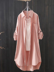 Solid Color High-low Long Sleeves Lapel Shirts Tops