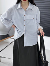 Buttoned Pockets Striped Long Sleeves Loose Lapel Blouses&Shirts Tops