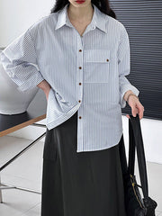 Buttoned Pockets Striped Long Sleeves Loose Lapel Blouses&Shirts Tops