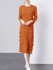 Pleated Solid Color Split-Joint Tasseled Long Sleeves Loose Round-Neck Midi Dresses
