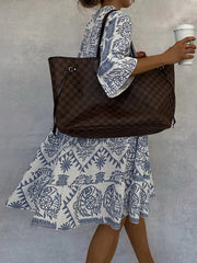 Loose Three-Quarter Sleeves Falbala Printed V-Neck Midi Dresses