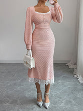 Lacy Pleated Solid Color Split-Joint Zipper Bodycon High Waisted Square-Neck Midi Dresses