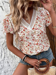 Falbala Floral Printed Split-Joint Loose Petal Sleeves V-Neck T-Shirts Tops