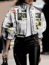 Loose Puff Sleeves Letter Print Stand Collar Outerwear