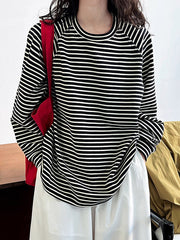 Contrast Color Striped Long Sleeves Loose Round-neck Sweatshirt Tops