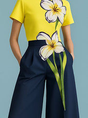 Flower Print Short Sleeves Round-Neck T-Shirts Tops