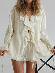 V-Neck Long Sleeves Loose Ruffle Trim Solid Color Tied Blouses&Shirts Tops + Elasticity Shorts Bottom Two Pieces Set