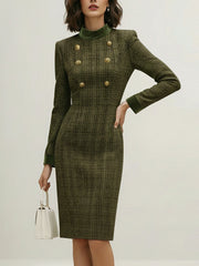 Buttoned Solid Color Split-Joint Zipper High Waisted Long Sleeves Mock Neck Midi Dresses