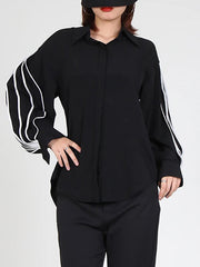 Buttoned Contrast Color Long Sleeves Loose Lapel Blouses&Shirts Tops