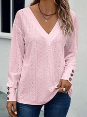 Buttoned Solid Color Long Sleeves Loose V-Neck T-Shirts Tops