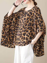 Leopard Batwing Sleeves Loose Round-Neck T-Shirts Tops