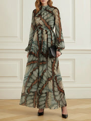 Balloon Sleeves Long Sleeves Big Hemline Contrast Color Pleated Print Zipper Stand Collar Maxi Dresses