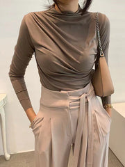 Pleated Solid Color Long Sleeves Skinny Mock Neck T-Shirts Tops