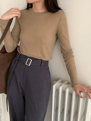 See-Through Solid Color Long Sleeves Skinny Round-Neck T-Shirts