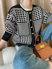 Long Sleeves Loose Contrast Color Houndstooth Split-Joint Round-Neck Cardigan Tops