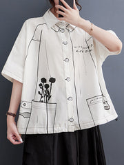 Contrast Color Printed Split-Joint Loose Short Sleeves Lapel Blouses
