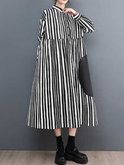 Buttoned Split-Joint Striped Long Sleeves Loose Mock Neck Midi Dresses