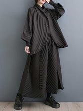 Stand Collar Long Sleeves Loose Buttoned Pleated Solid Color Shirts Top + Pants Bottom Two Pieces Set