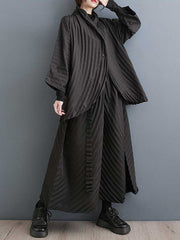 Stand Collar Long Sleeves Loose Buttoned Pleated Solid Color Shirts Top + Pants Bottom Two Pieces Set