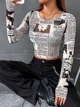 Letter Print Long Sleeves Skinny Round-Neck T-Shirts Tops