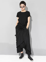 Black Asymmetric Pleats Short Sleeve Round-Neck T-Shirts