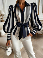 Elasticated Waist High Waisted Belted Bow-Embellished Buttoned Contrast Color Split-Joint Striped Lapel Blouses&Shirts Tops