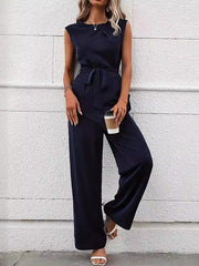 Solid Color Split-Joint Tied Waist Loose Sleeveless Round-neck Jumpsuits