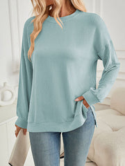 Pleated Solid Color Split-Joint Split-Side High-Low Long Sleeves Round-Neck Sweatershirt