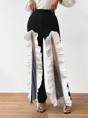 Contrast Color Gauze Pleated See-Through Split-Joint High Waisted Loose Trousers Pants