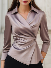 Buttoned Pleated Solid Color Three-quarter Sleeves Lapel Blouses&shirts Tops