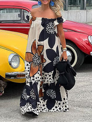 Loose Short Sleeves Flower Print Split-Joint Off-The-Shoulder Maxi Dresses