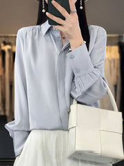 Buttoned Pleated Solid Color Long Sleeves Loose Lapel Blouses&Shirts Tops
