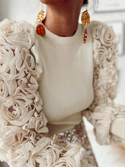 Solid Color Split-Joint Three-Dimensional Flower Long Sleeves Loose Round-Neck T-Shirts Tops
