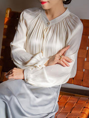 Buttoned Pleated Long Sleeves Loose Round-Neck Blouses&Shirts Tops