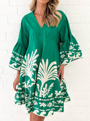 Flower Print Pleated Split-Joint A-Line Flared Sleeves V-Neck Mini Dresses