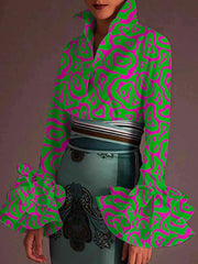 Falbala Flared Sleeves Printed Lapel Collar Blouses&Shirts Tops