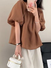 3 Colors Vintage Loose Back Tied Puff Sleeves T-Shirt Top