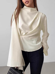 Pleated Solid Color Zipper Flared Sleeves Long Sleeves Stand Collar Blouses&Shirts Tops