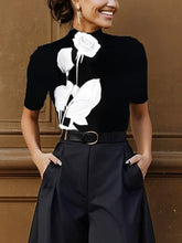 Short Sleeves Skinny Flower Print Stand Collar T-Shirts Tops