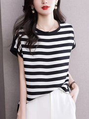 Contrast Color Striped Loose Plus Size Round-Neck T-Shirts