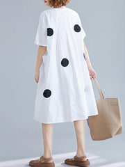 Original Short Sleeves Loose Contrast Color Polka-Dot Round-Neck Midi Dresses