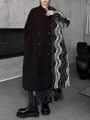 Buttoned Contrast Color Pockets Long Sleeves Loose Stand Collar Woolen Coat