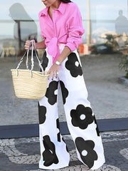 Loose Wide Leg Contrast Color Floral Printed Casual Pants Bottoms
